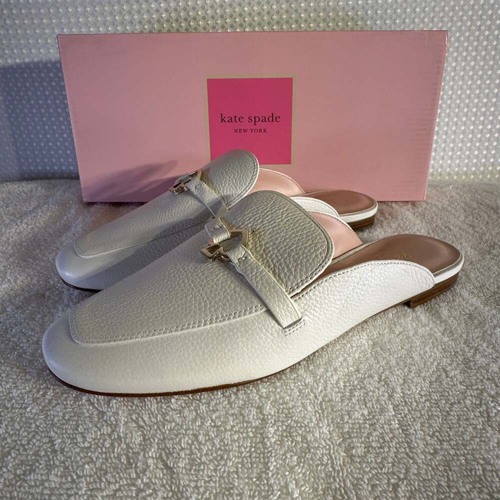 Kate Spade New York Colada White Pebble Leather Spade Emblem Flat Mules